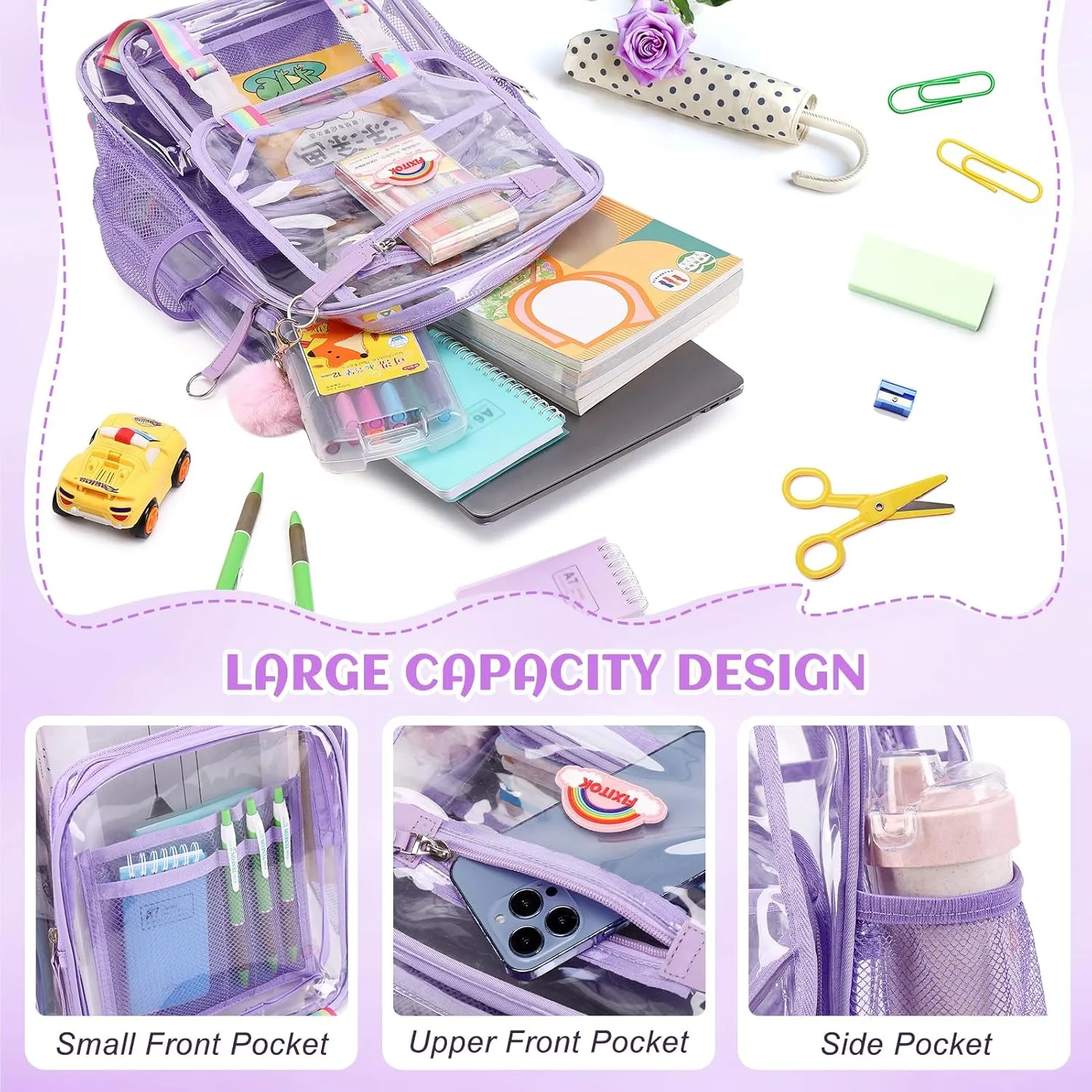 Girls Clear Backpack with Lunch Bag, Rainbow Cute Clear Bookbag Heavy Duty Stadium Approved Transparent See Through Backpack for Kids Women School Work Sport Concert Travel Purple