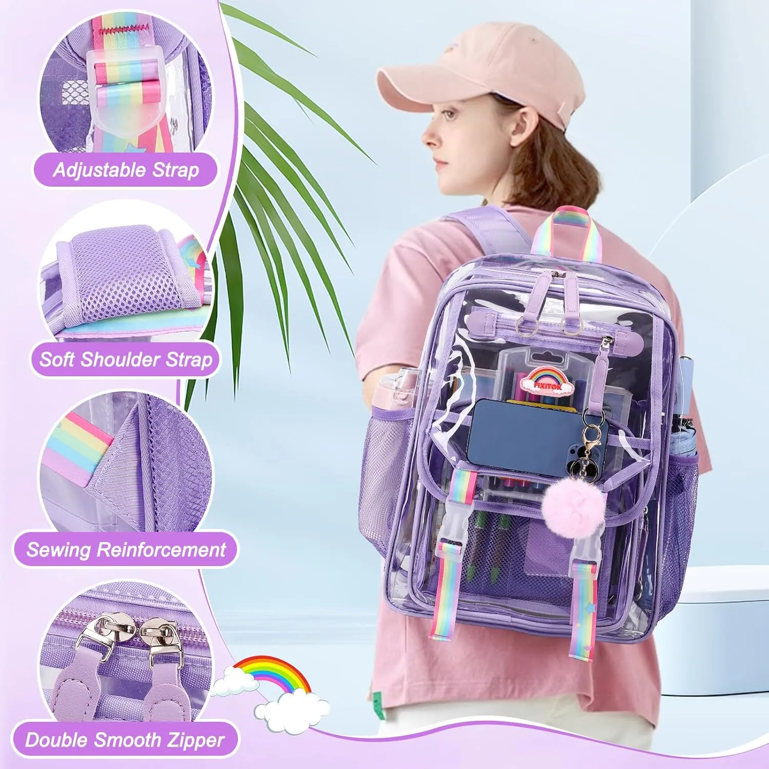 Girls Clear Backpack with Lunch Bag, Rainbow Cute Clear Bookbag Heavy Duty Stadium Approved Transparent See Through Backpack for Kids Women School Work Sport Concert Travel Purple
