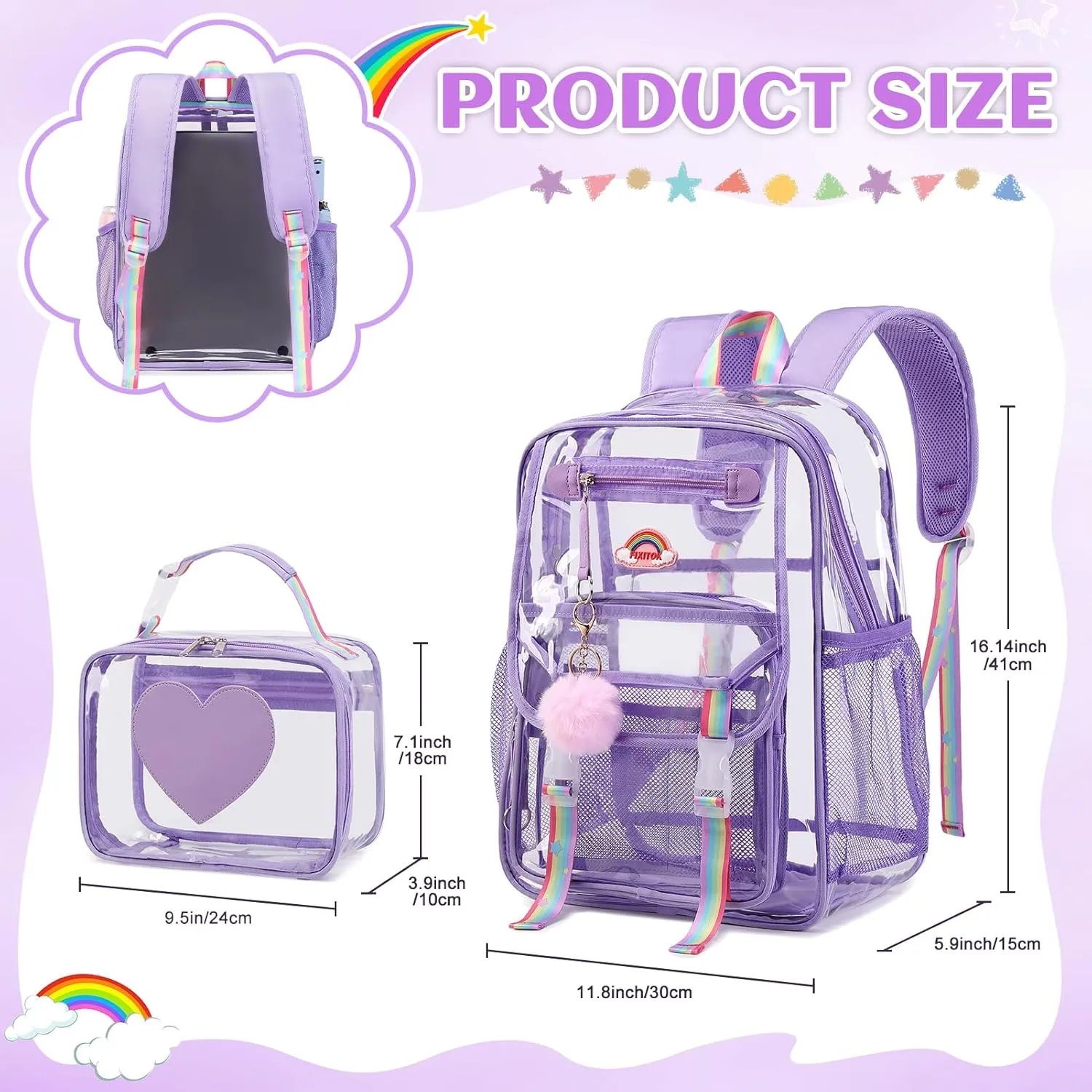 Girls Clear Backpack with Lunch Bag, Rainbow Cute Clear Bookbag Heavy Duty Stadium Approved Transparent See Through Backpack for Kids Women School Work Sport Concert Travel Purple
