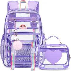 Girls Clear Backpack with Lunch Bag, Rainbow Cute Clear Bookbag Heavy Duty Stadium Approved Transparent See Through Backpack for Kids Women School Work Sport Concert Travel Purple