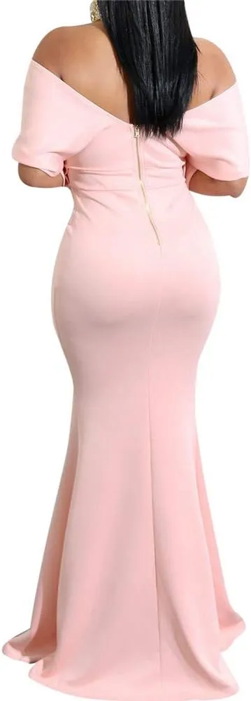 GOBLES Women Sexy V Neck Off The Shoulder Evening Gown Fishtail Maxi Dress