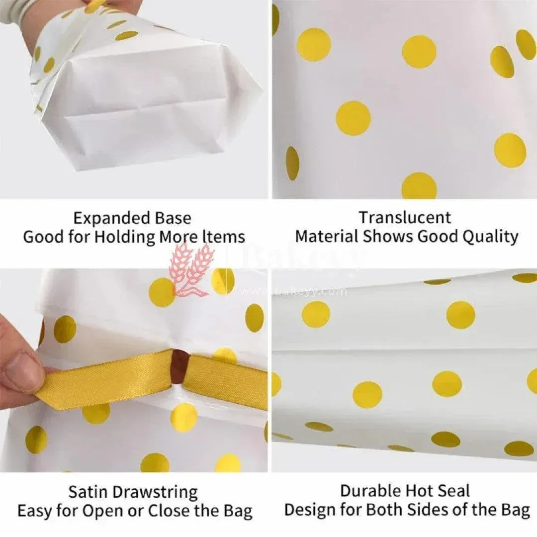 Gold Big Dots Plastic Stand Up Treat Favor Bags Gift Wrapper Bags for Candy Cookie Chocolate | Pack of 50