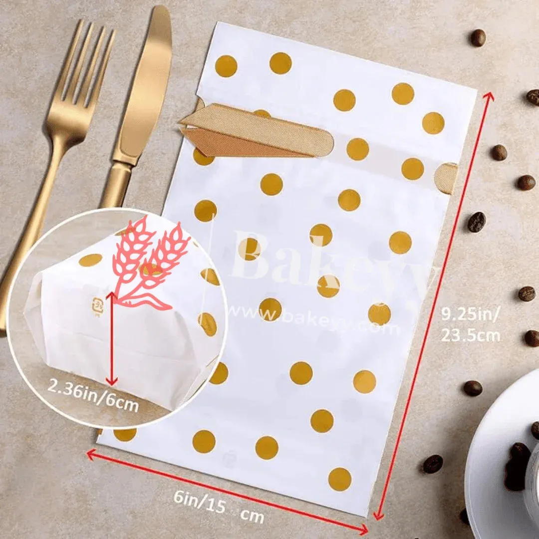 Gold Big Dots Plastic Stand Up Treat Favor Bags Gift Wrapper Bags for Candy Cookie Chocolate | Pack of 50
