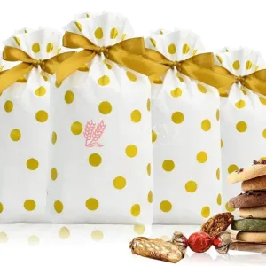 Gold Big Dots Plastic Stand Up Treat Favor Bags Gift Wrapper Bags for Candy Cookie Chocolate | Pack of 50