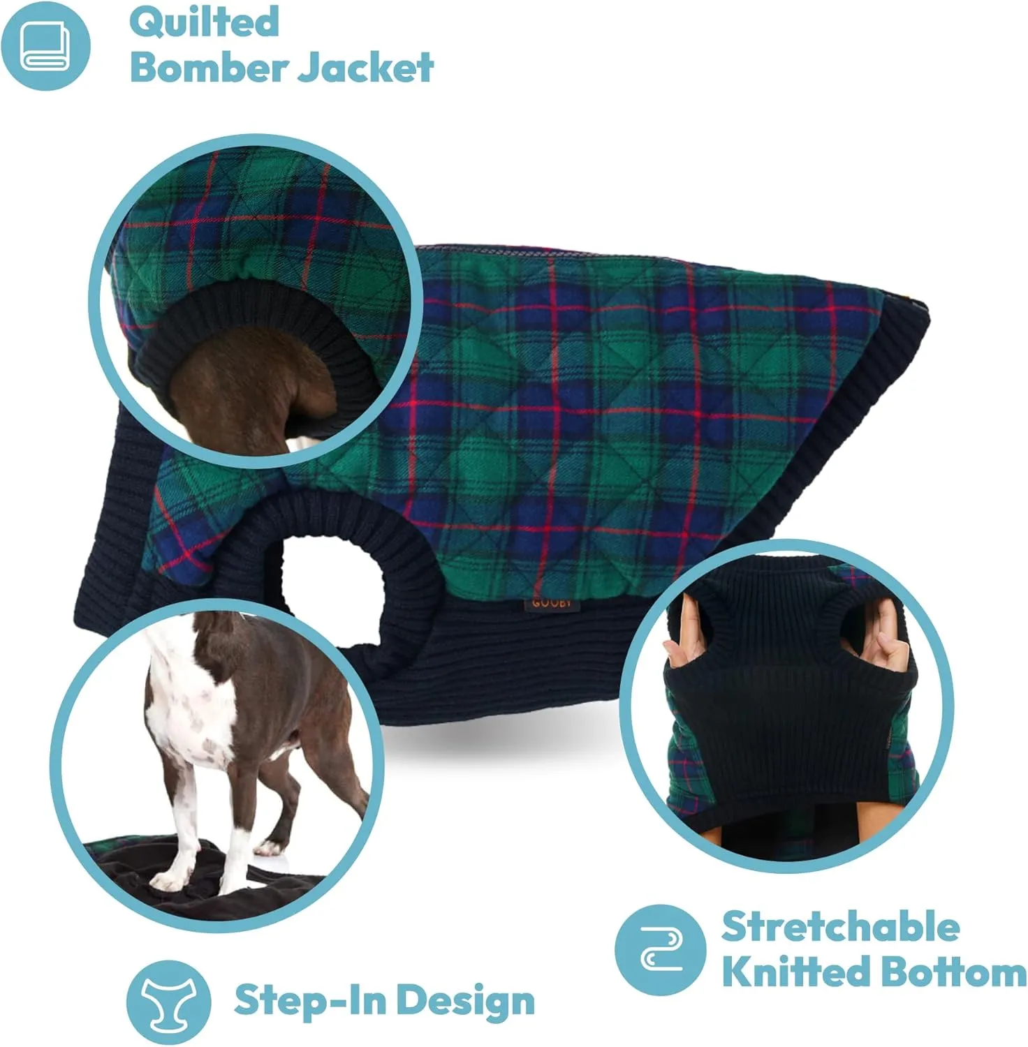 Gooby - Fashion Vest, Small Dog Sweater Bomber Jacket Coat with Stretchable Chest, Navy Check, Large