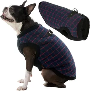 Gooby - Fashion Vest, Small Dog Sweater Bomber Jacket Coat with Stretchable Chest, Navy Check, Large