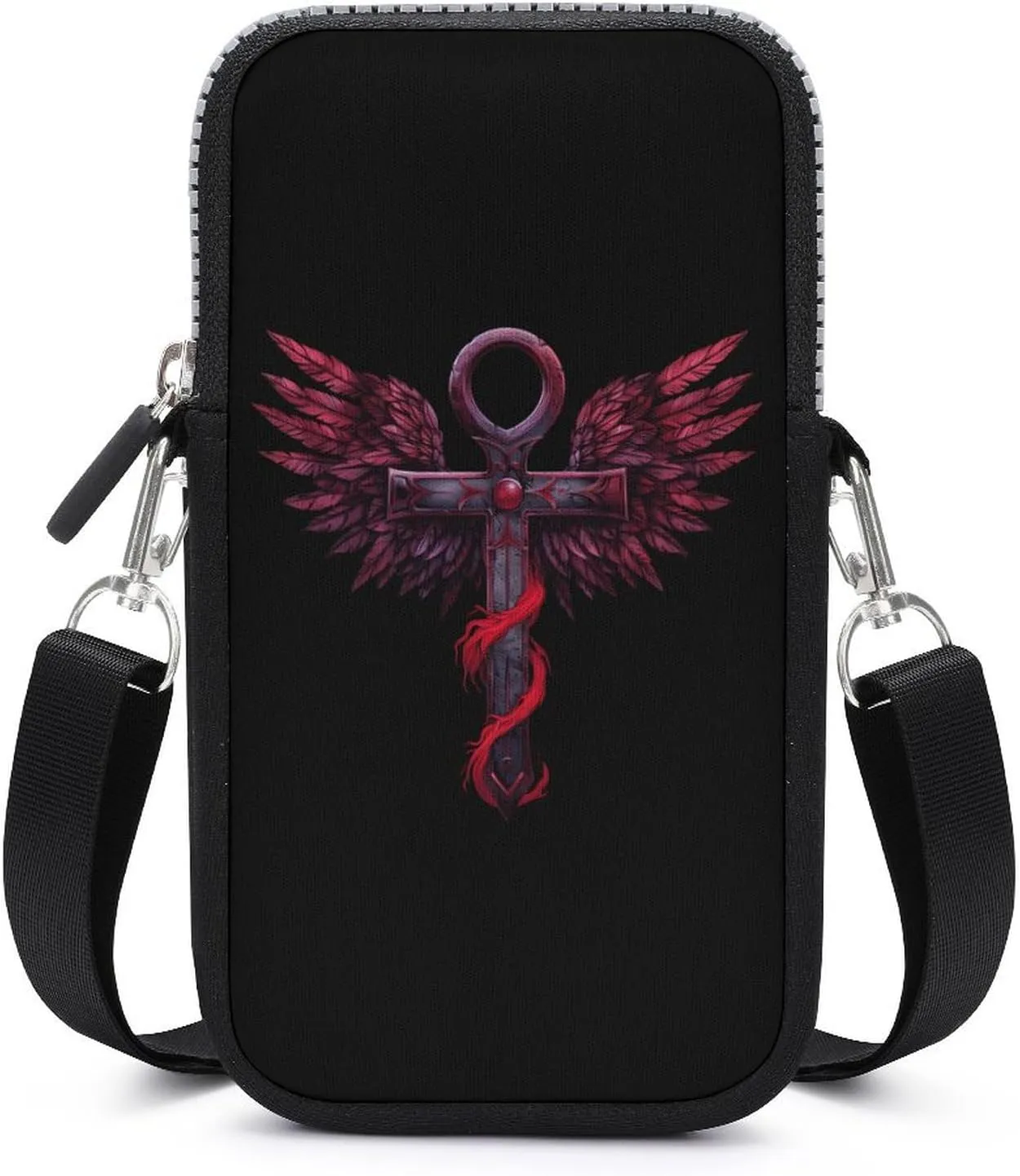 Gothic Silver Ankh Vampire with Red Wings Crossbody Phone Bag Mini Shoulder Bag Cute Cell Phone Purse for Men Women