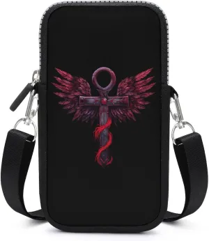 Gothic Silver Ankh Vampire with Red Wings Crossbody Phone Bag Mini Shoulder Bag Cute Cell Phone Purse for Men Women