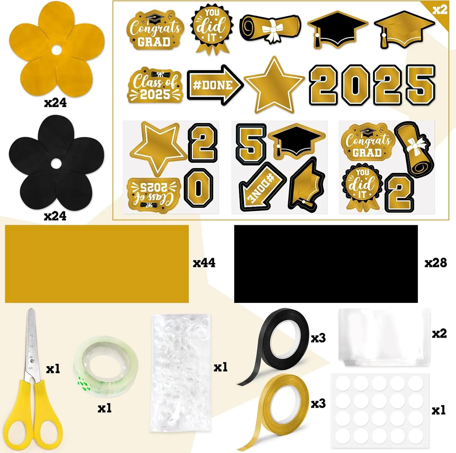 Graduation Money Lei, Class of 2025 Candy Lei Kit with DIY Flower Sticker Pieces, Congrats Senior High School College Grad Party Supplies Gift Black&Gold Set of 6 No Money Included