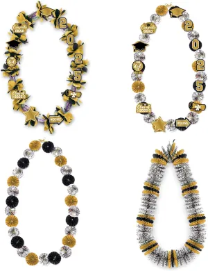 Graduation Money Lei, Class of 2025 Candy Lei Kit with DIY Flower Sticker Pieces, Congrats Senior High School College Grad Party Supplies Gift Black&Gold Set of 6 No Money Included