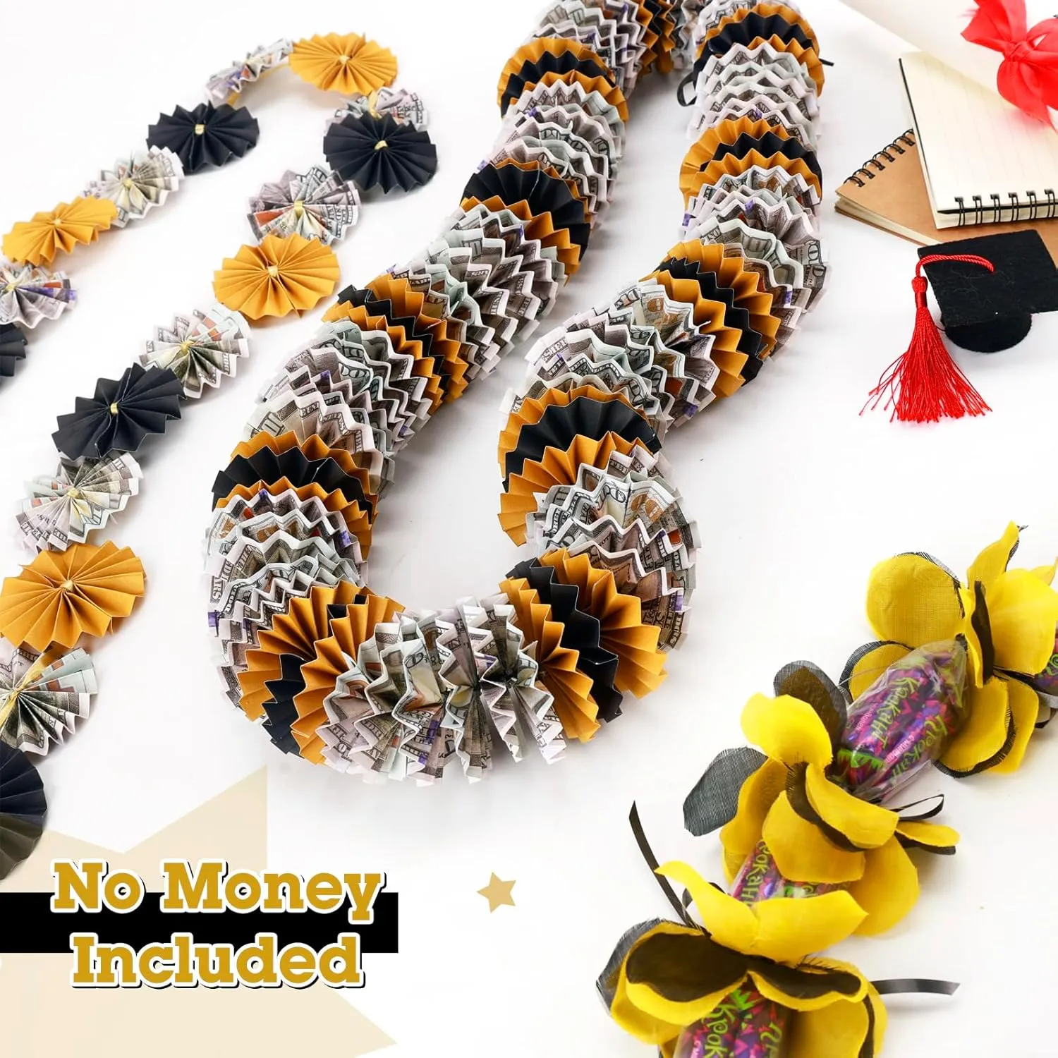 Graduation Money Lei, Class of 2025 Candy Lei Kit with DIY Flower Sticker Pieces, Congrats Senior High School College Grad Party Supplies Gift Black&Gold Set of 6 No Money Included