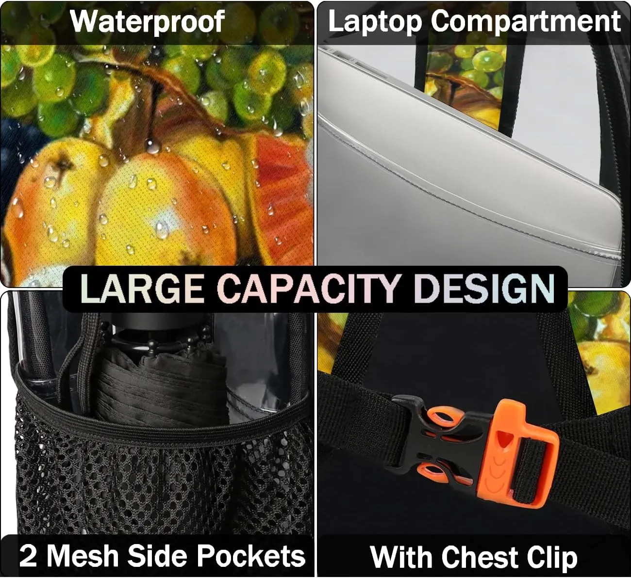 Grape Fruits Painting Clear Backpack Stadium Approved Heavy Duty Transparent Backpack for Women Men Large PVC See Through Bag for Sports Event Concert Festival Work Travel