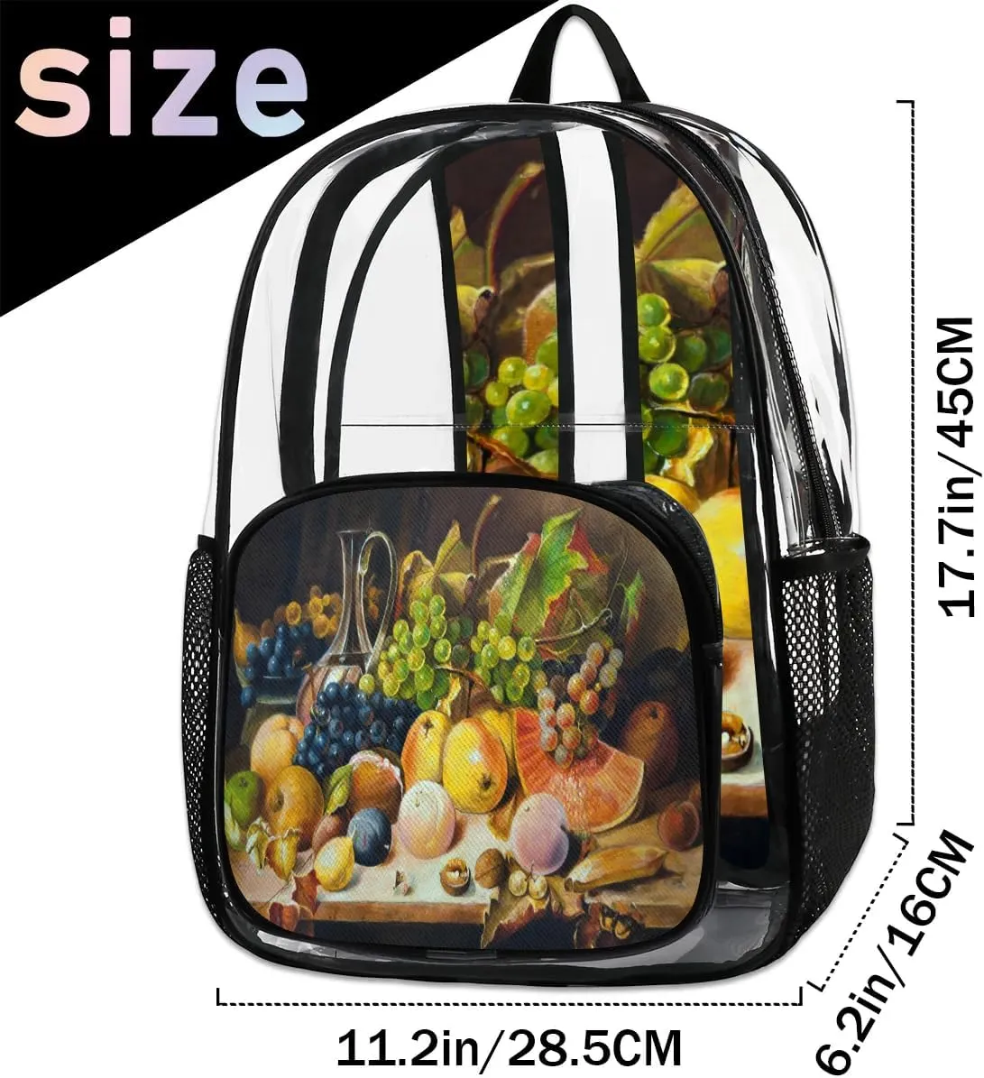 Grape Fruits Painting Clear Backpack Stadium Approved Heavy Duty Transparent Backpack for Women Men Large PVC See Through Bag for Sports Event Concert Festival Work Travel