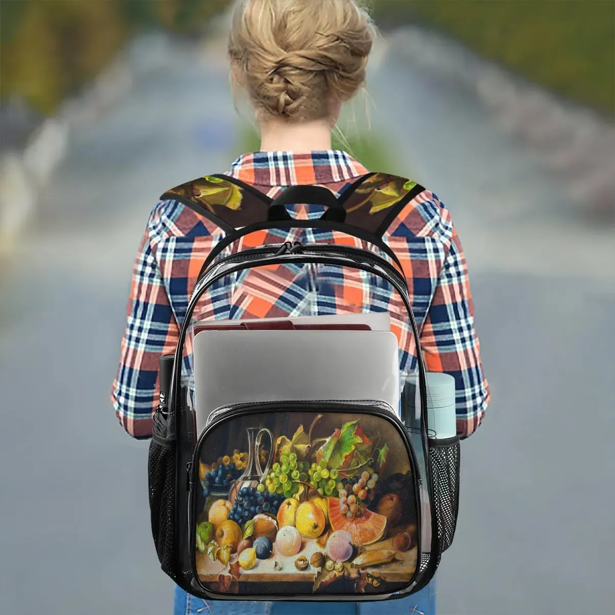 Grape Fruits Painting Clear Backpack Stadium Approved Heavy Duty Transparent Backpack for Women Men Large PVC See Through Bag for Sports Event Concert Festival Work Travel