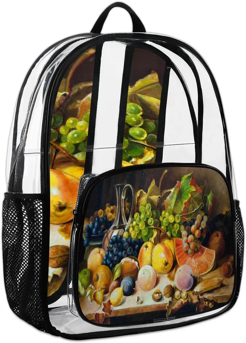 Grape Fruits Painting Clear Backpack Stadium Approved Heavy Duty Transparent Backpack for Women Men Large PVC See Through Bag for Sports Event Concert Festival Work Travel