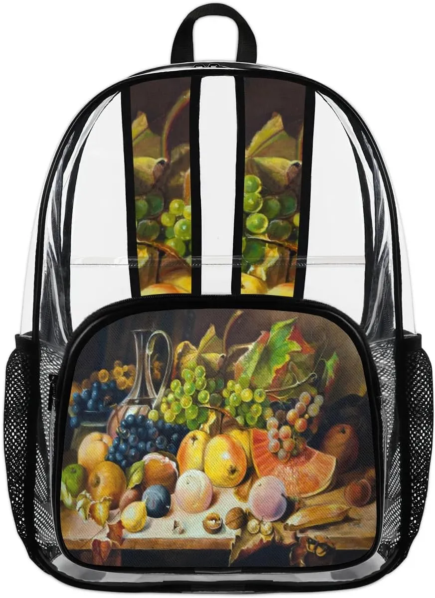 Grape Fruits Painting Clear Backpack Stadium Approved Heavy Duty Transparent Backpack for Women Men Large PVC See Through Bag for Sports Event Concert Festival Work Travel