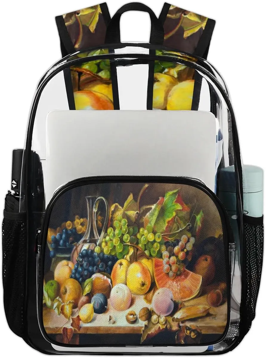 Grape Fruits Painting Clear Backpack Stadium Approved Heavy Duty Transparent Backpack for Women Men Large PVC See Through Bag for Sports Event Concert Festival Work Travel