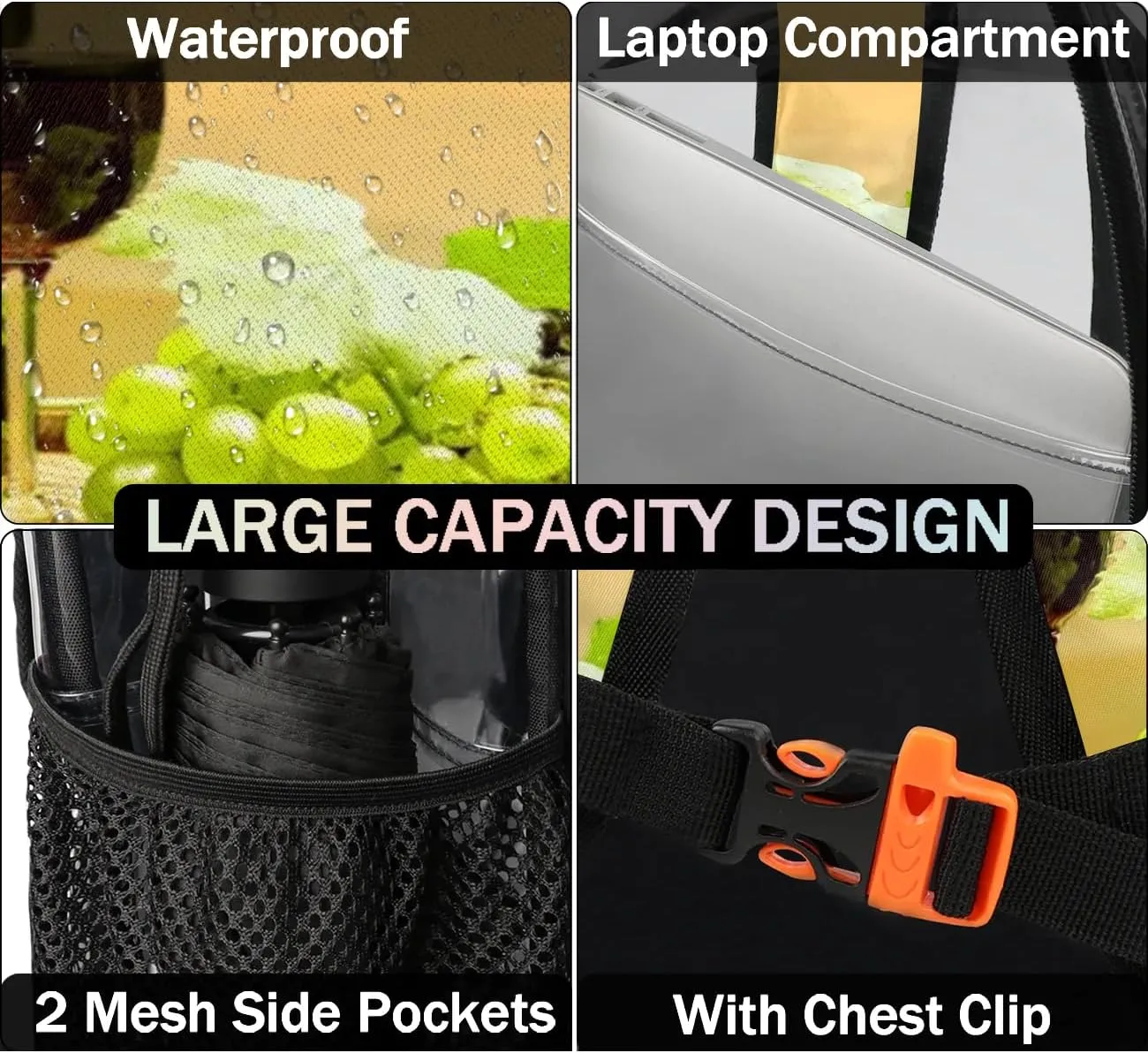 Grape Wine Bottle Clear Backpack Stadium Approved Heavy Duty Transparent Backpack for Women Men Large PVC See Through Bag for Sports Event Concert Festival Work Travel
