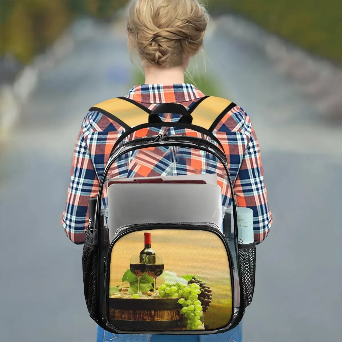 Grape Wine Bottle Clear Backpack Stadium Approved Heavy Duty Transparent Backpack for Women Men Large PVC See Through Bag for Sports Event Concert Festival Work Travel