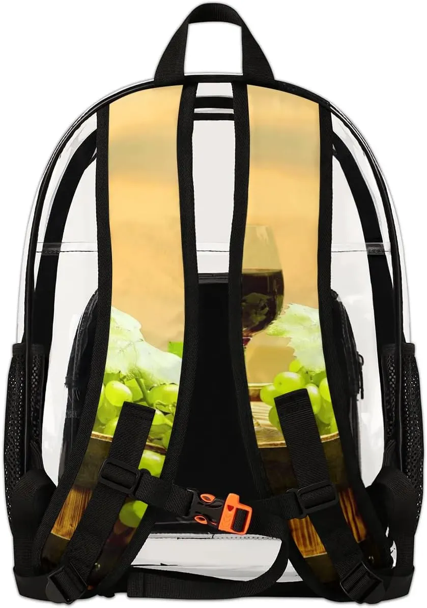 Grape Wine Bottle Clear Backpack Stadium Approved Heavy Duty Transparent Backpack for Women Men Large PVC See Through Bag for Sports Event Concert Festival Work Travel