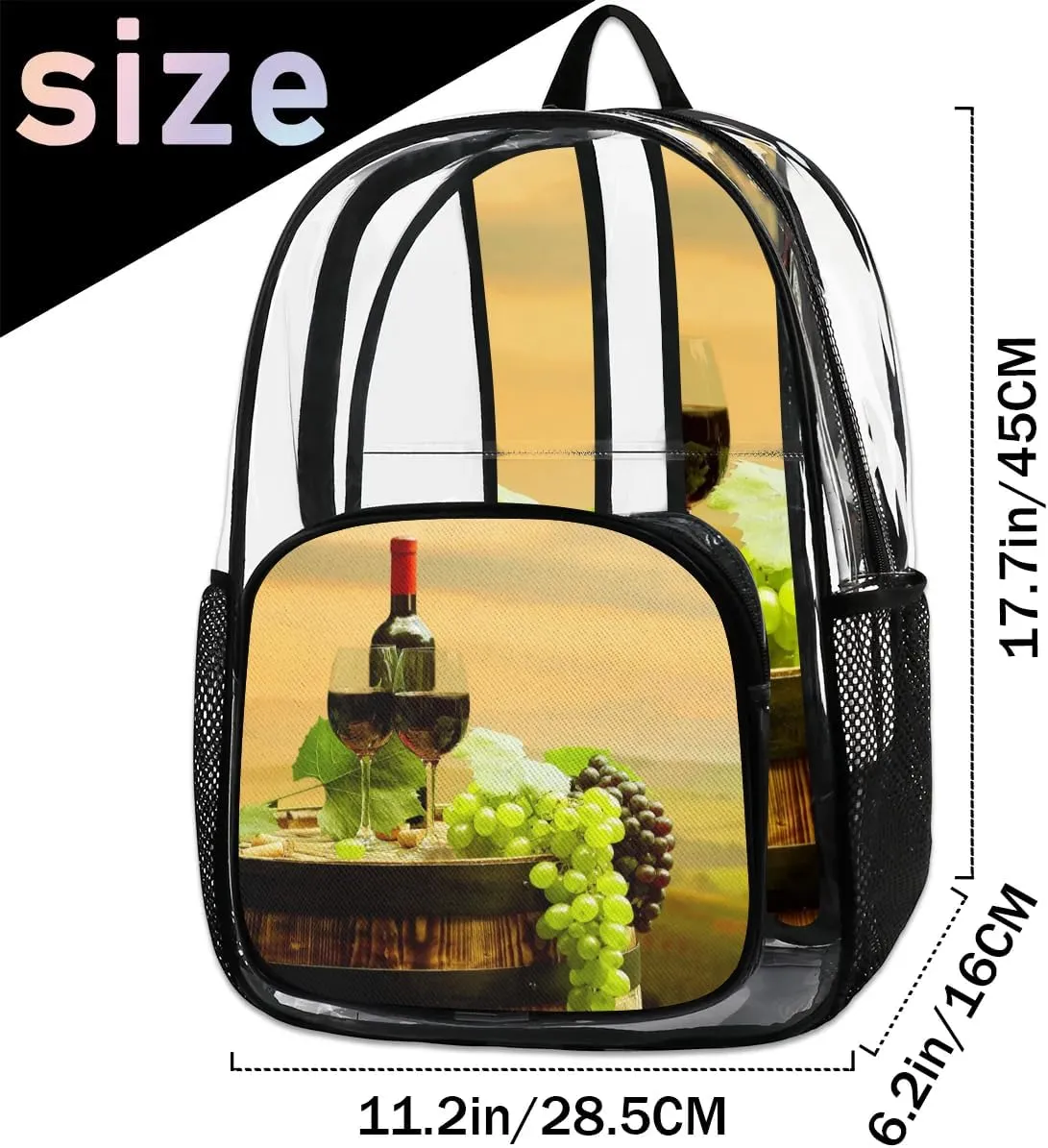 Grape Wine Bottle Clear Backpack Stadium Approved Heavy Duty Transparent Backpack for Women Men Large PVC See Through Bag for Sports Event Concert Festival Work Travel