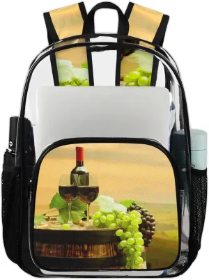 Grape Wine Bottle Clear Backpack Stadium Approved Heavy Duty Transparent Backpack for Women Men Large PVC See Through Bag for Sports Event Concert Festival Work Travel