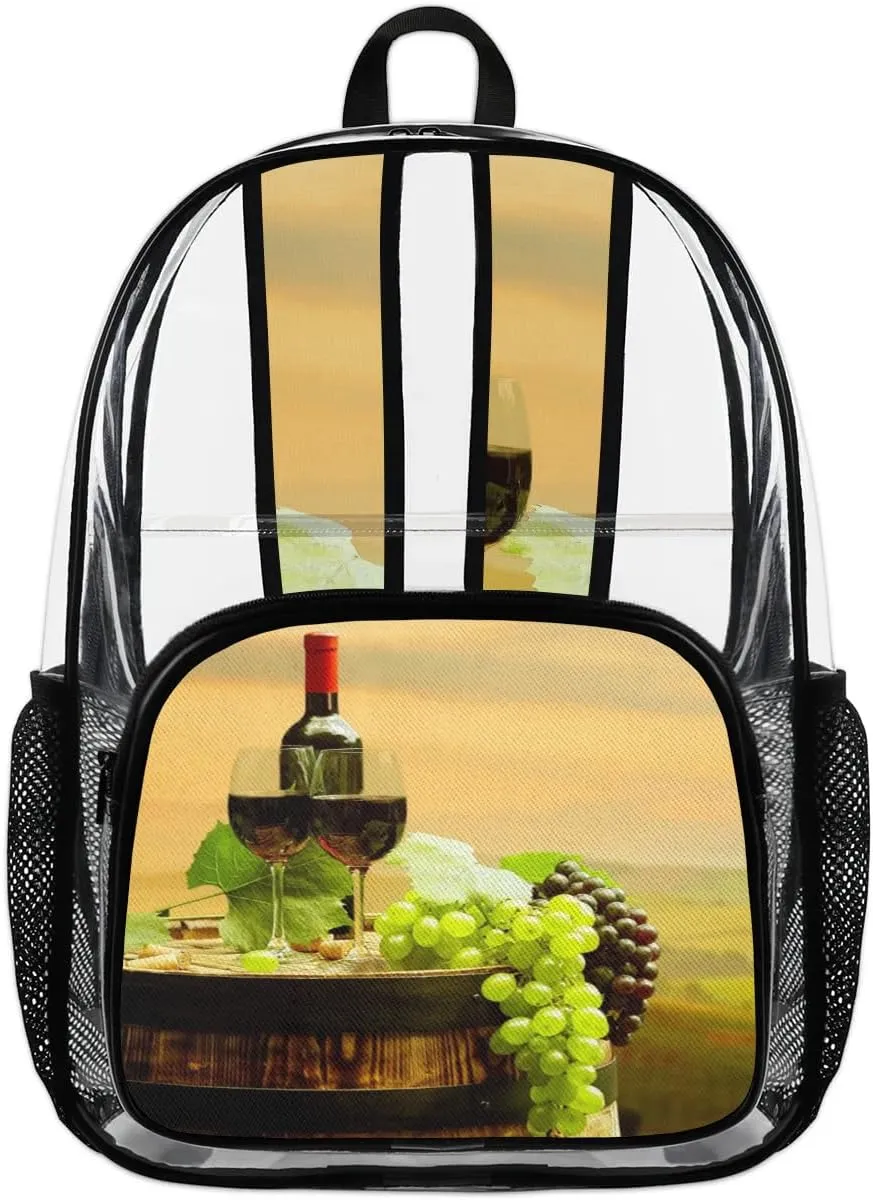 Grape Wine Bottle Clear Backpack Stadium Approved Heavy Duty Transparent Backpack for Women Men Large PVC See Through Bag for Sports Event Concert Festival Work Travel