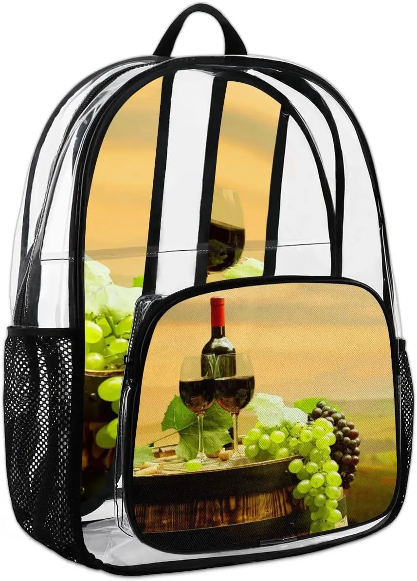 Grape Wine Bottle Clear Backpack Stadium Approved Heavy Duty Transparent Backpack for Women Men Large PVC See Through Bag for Sports Event Concert Festival Work Travel