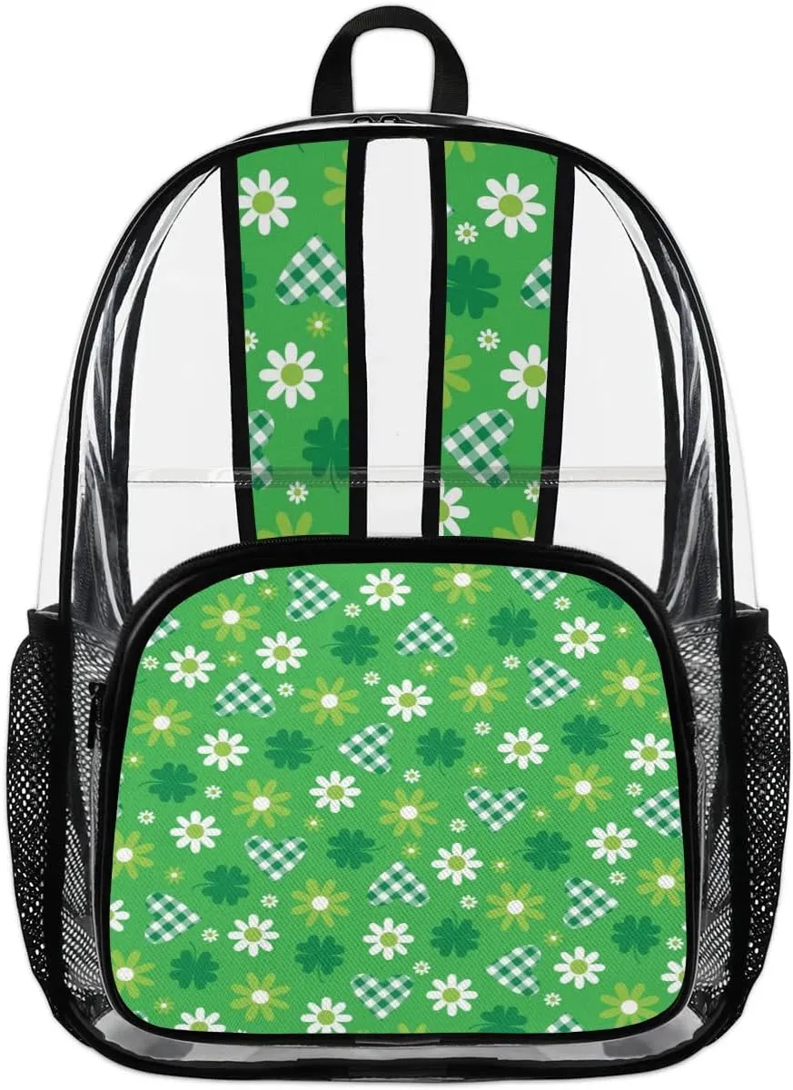 Green Hearts And Flowers Clear Backpack Stadium Approved Heavy Duty Transparent Backpack for Women Men Large PVC See Through Bag for Sports Event Concert Festival Work Travel