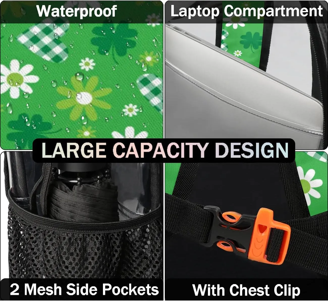 Green Hearts And Flowers Clear Backpack Stadium Approved Heavy Duty Transparent Backpack for Women Men Large PVC See Through Bag for Sports Event Concert Festival Work Travel