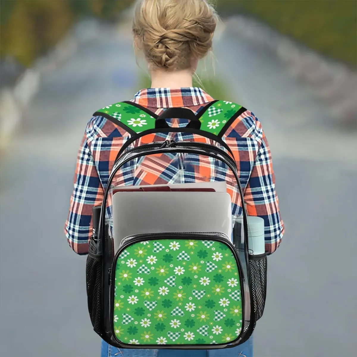 Green Hearts And Flowers Clear Backpack Stadium Approved Heavy Duty Transparent Backpack for Women Men Large PVC See Through Bag for Sports Event Concert Festival Work Travel