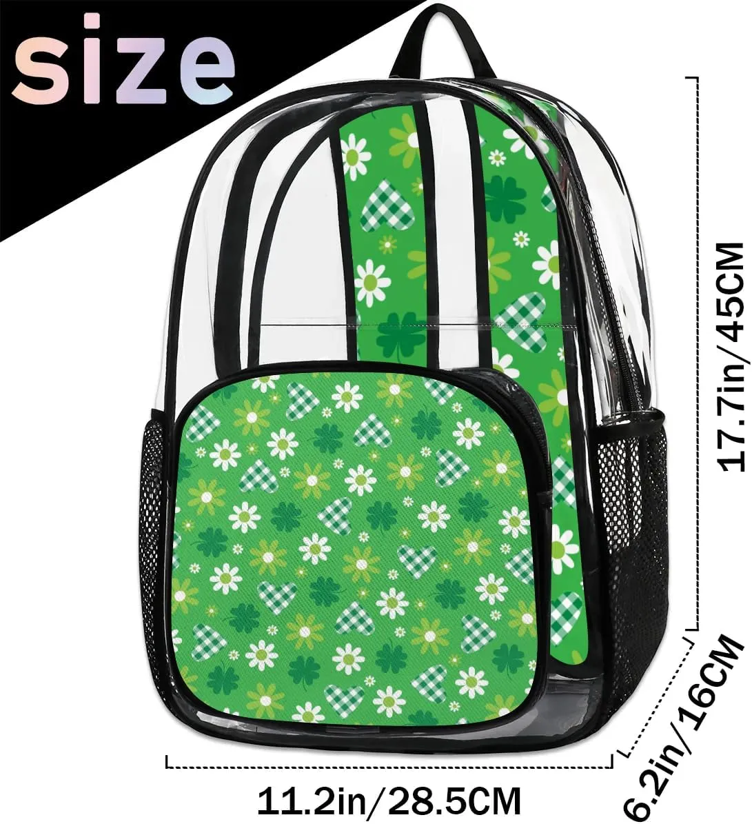 Green Hearts And Flowers Clear Backpack Stadium Approved Heavy Duty Transparent Backpack for Women Men Large PVC See Through Bag for Sports Event Concert Festival Work Travel