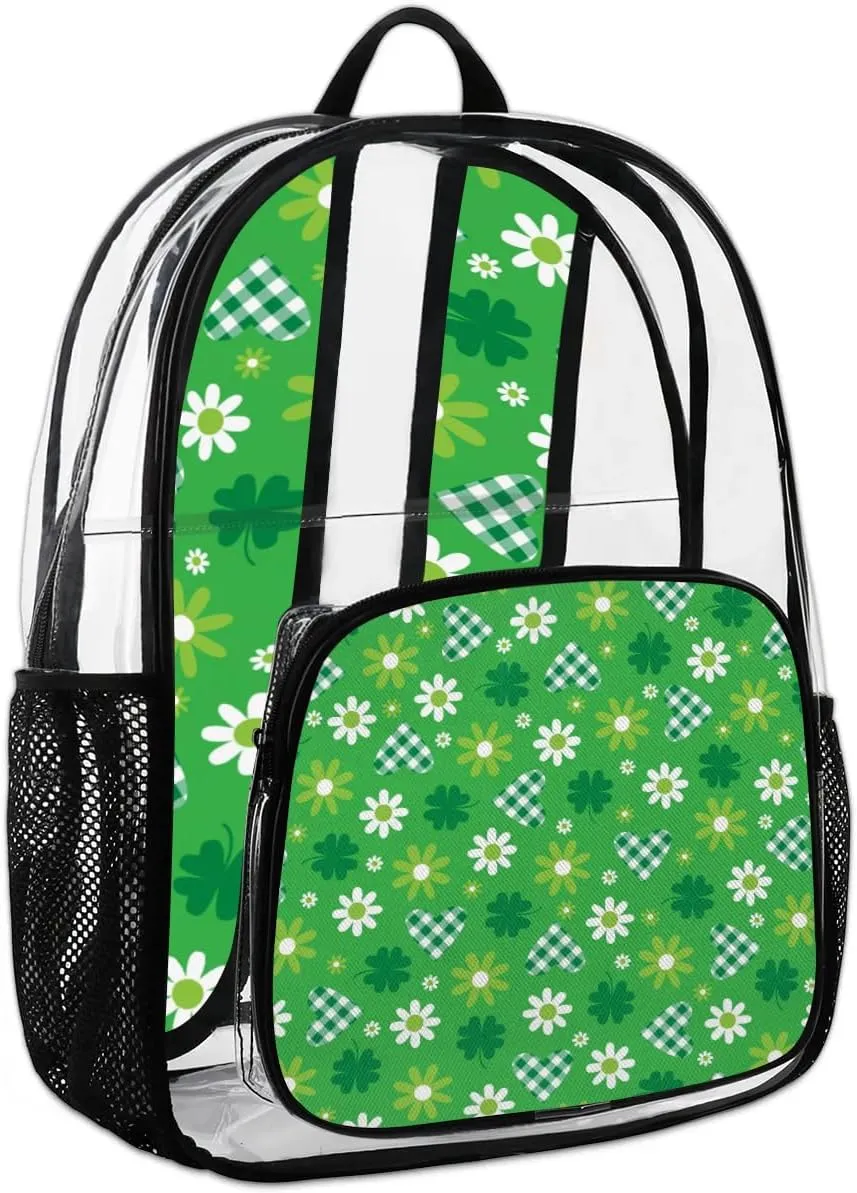 Green Hearts And Flowers Clear Backpack Stadium Approved Heavy Duty Transparent Backpack for Women Men Large PVC See Through Bag for Sports Event Concert Festival Work Travel