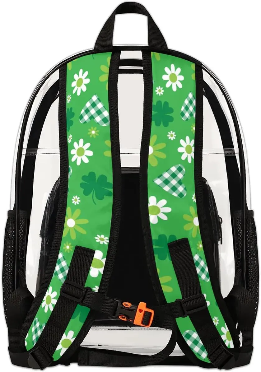 Green Hearts And Flowers Clear Backpack Stadium Approved Heavy Duty Transparent Backpack for Women Men Large PVC See Through Bag for Sports Event Concert Festival Work Travel