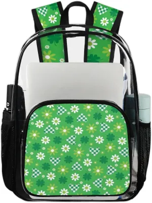 Green Hearts And Flowers Clear Backpack Stadium Approved Heavy Duty Transparent Backpack for Women Men Large PVC See Through Bag for Sports Event Concert Festival Work Travel