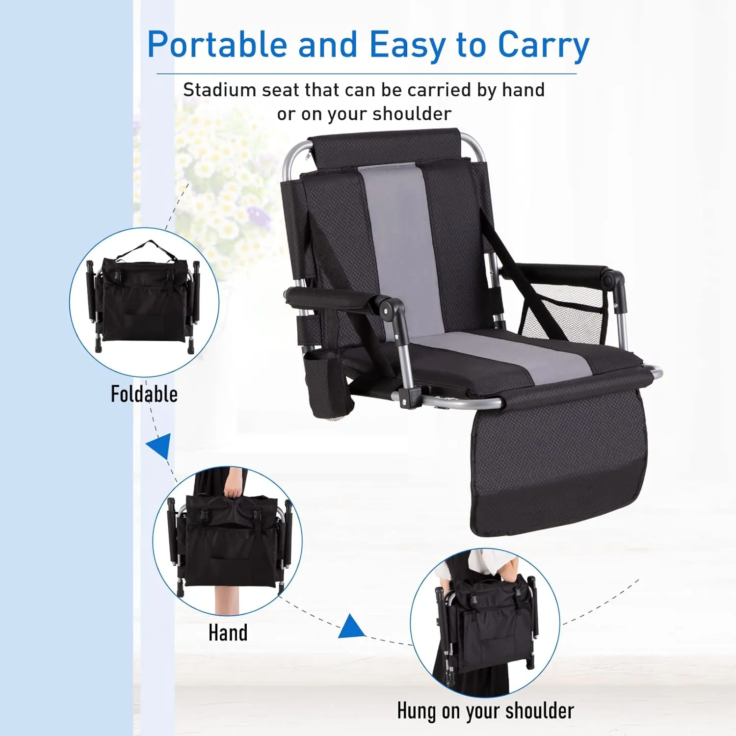 GREEN PARTY Stadium Seat for Bleachers Portable Outdoor Floor Folding Stadium Chair with Armrest, Back Support, Cup Holder, Mesh Bag and Hide Hooks
