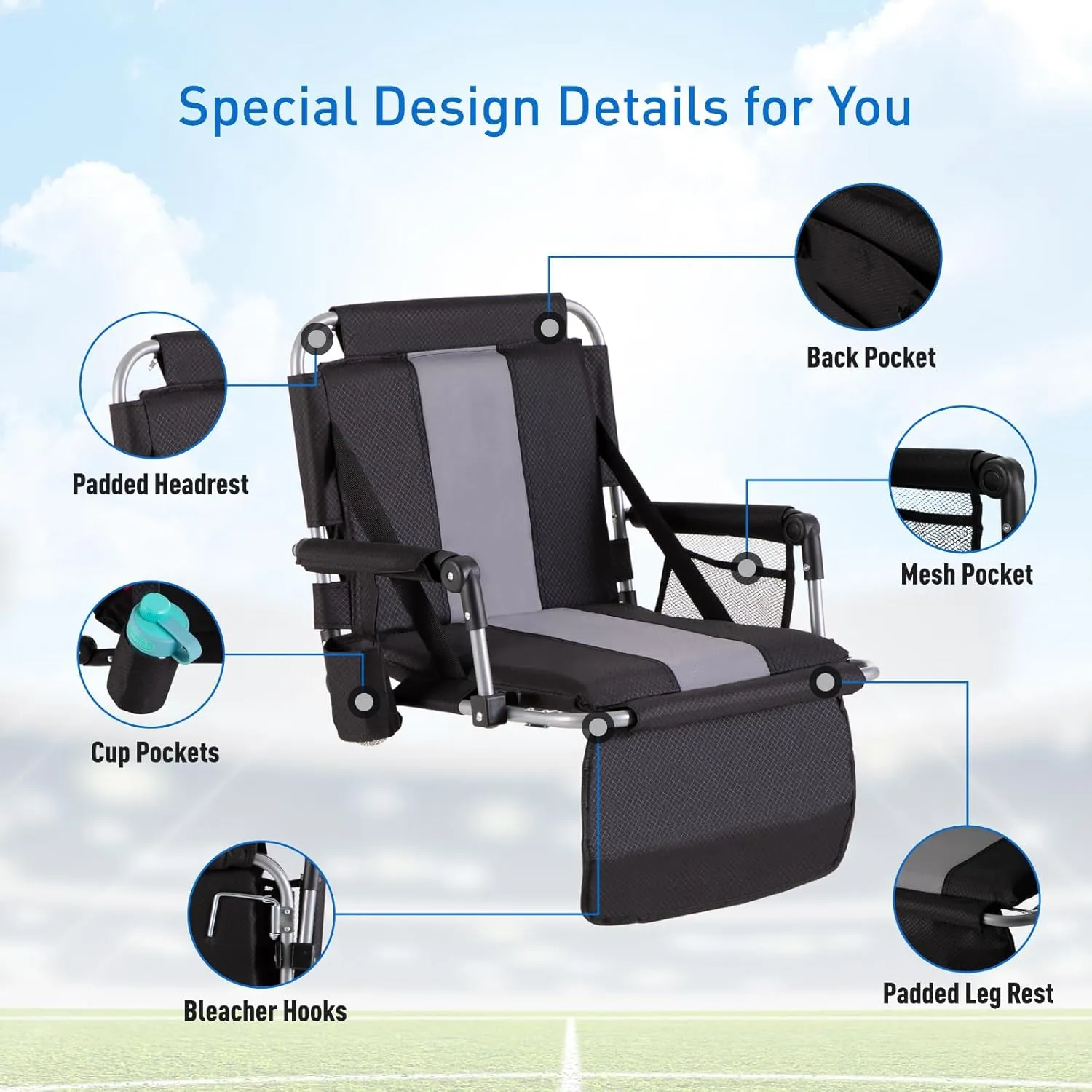 GREEN PARTY Stadium Seat for Bleachers Portable Outdoor Floor Folding Stadium Chair with Armrest, Back Support, Cup Holder, Mesh Bag and Hide Hooks