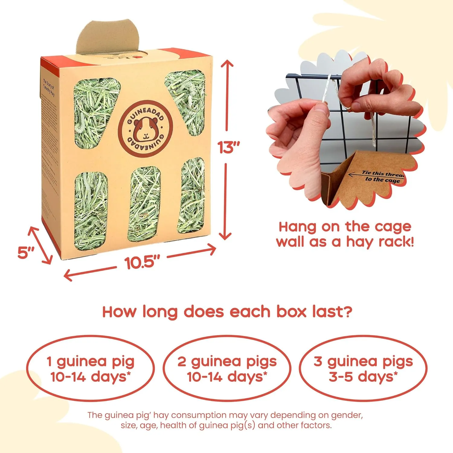 GuineaDad Orchard Hay Box – 3 Pack Guinea Pig Food – Cage-Mounted Feeding System – Timothy Hay for Guinea Pigs, Rabbits & Small Animals – 100% Recyclable & Biodegradable