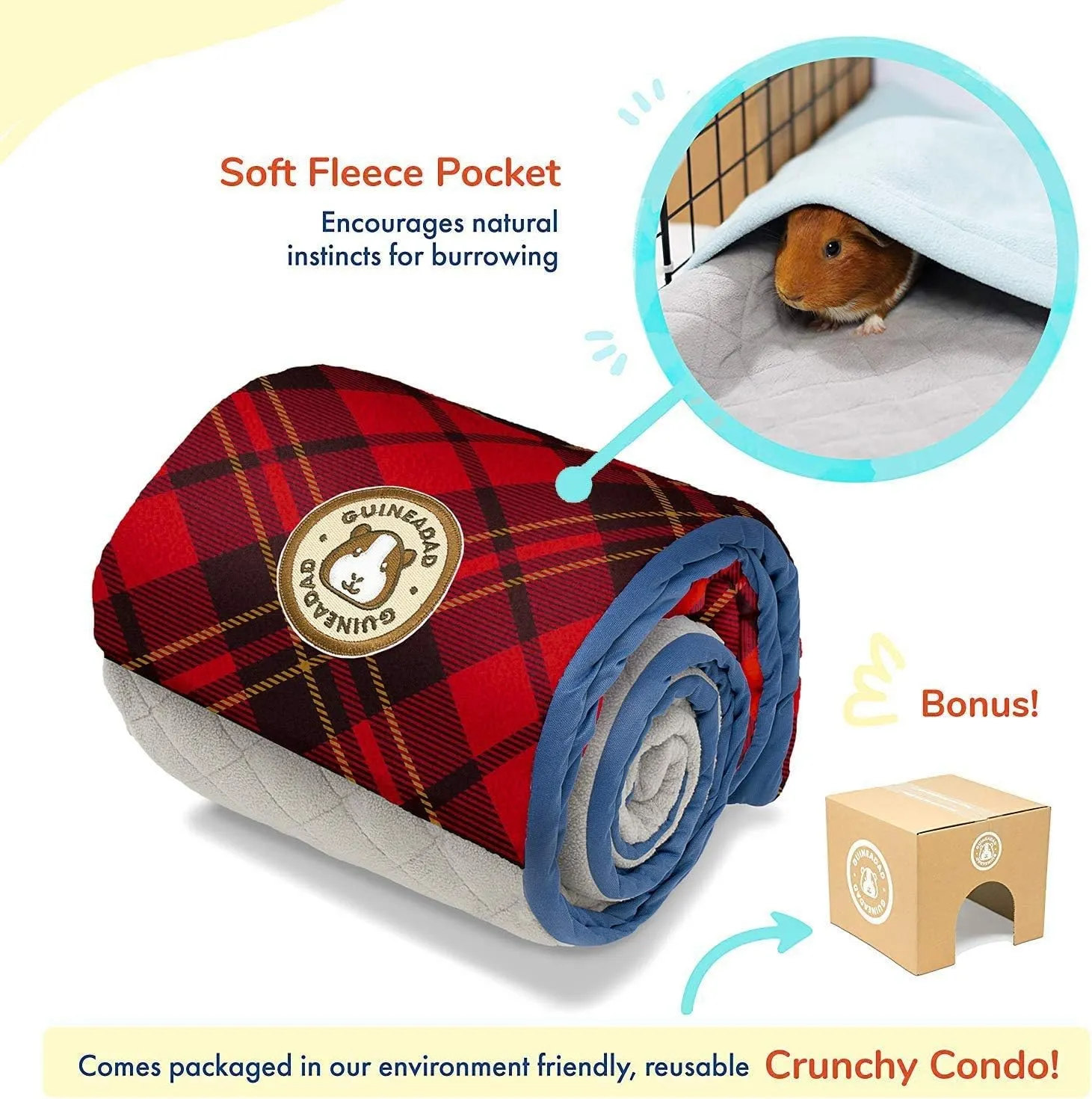 GuineaDad Original Reusable Cage Liner – Plaid Red Fleece Bedding with Burrowing Pocket – Extra Absorbent Bamboo Core & Waterproof Bottom – Fits C&C 2x4 Guinea Pig Cages – Small Animal Supplies