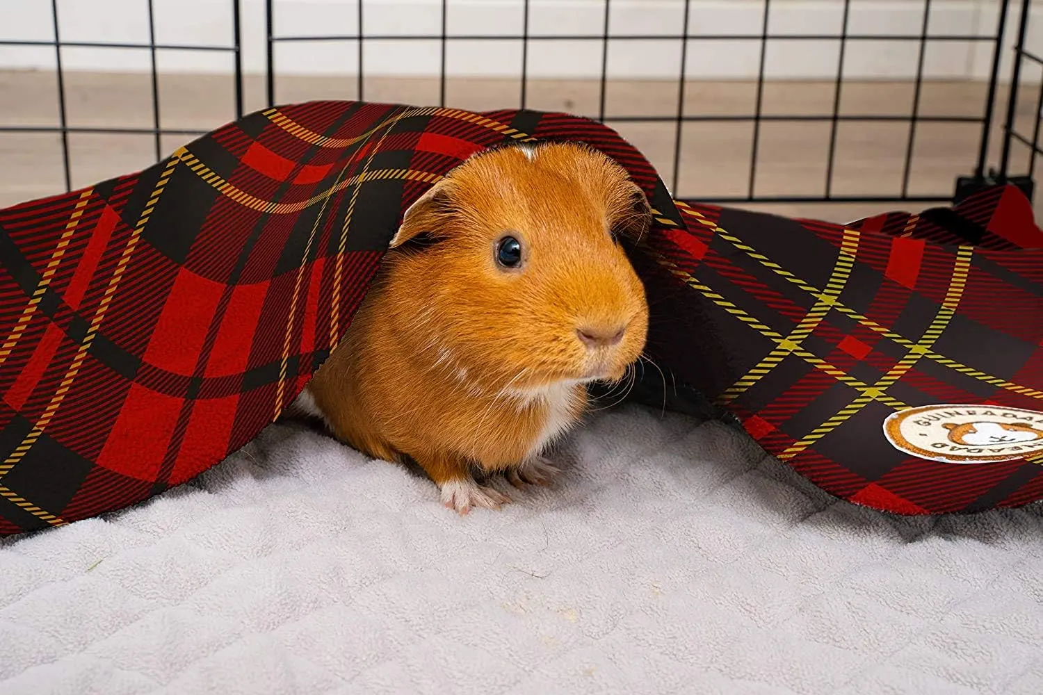 GuineaDad Original Reusable Cage Liner – Plaid Red Fleece Bedding with Burrowing Pocket – Extra Absorbent Bamboo Core & Waterproof Bottom – Fits C&C 2x4 Guinea Pig Cages – Small Animal Supplies