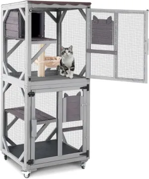 GUTINNEEN Outdoor Catio Large Cat Enclosure with Wheels, Resting Box, Sisal Post and Basket Indoor Cat House for Window,Patio,Garden 62.8" H