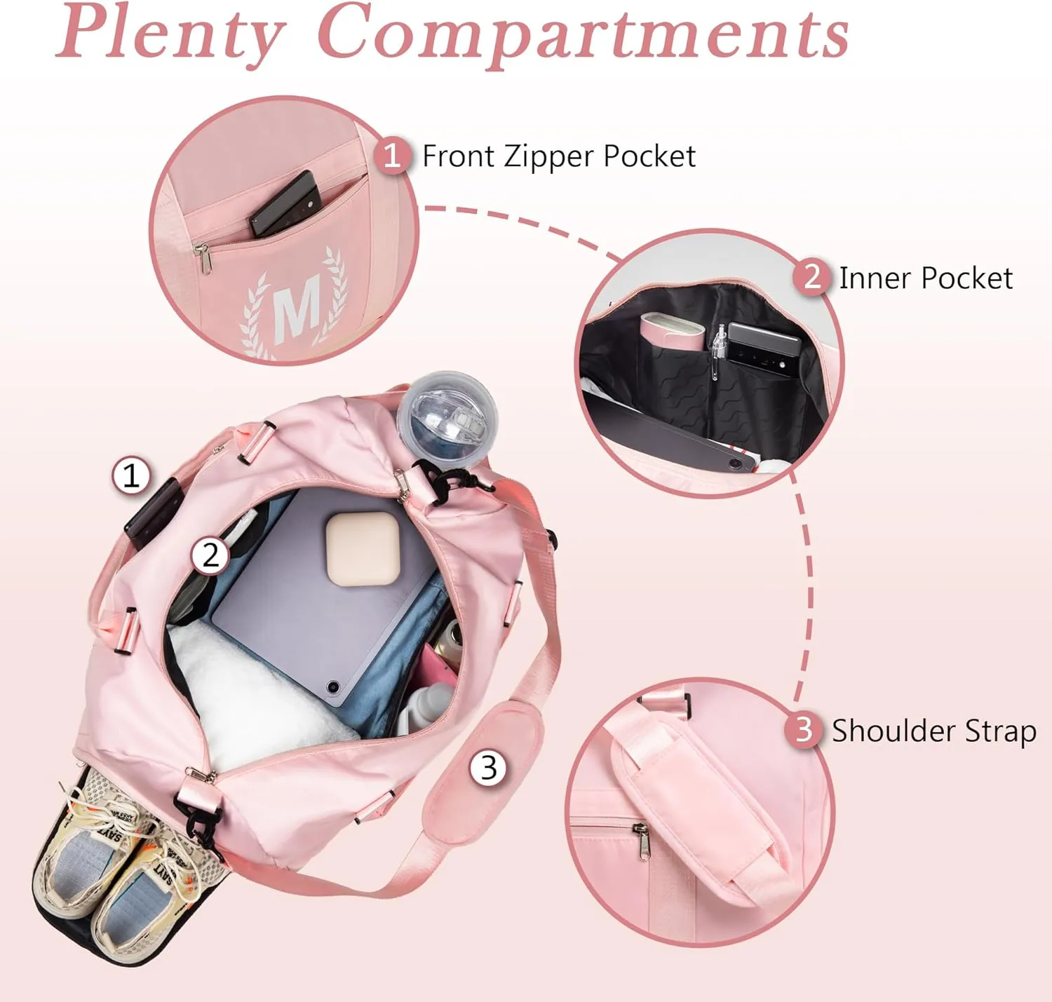Gym Bag for Women, Fitness Workout Sports Travel Duffle Bag with Wet Pocket & Shoes Compartment, Great Present for Gym Lovers