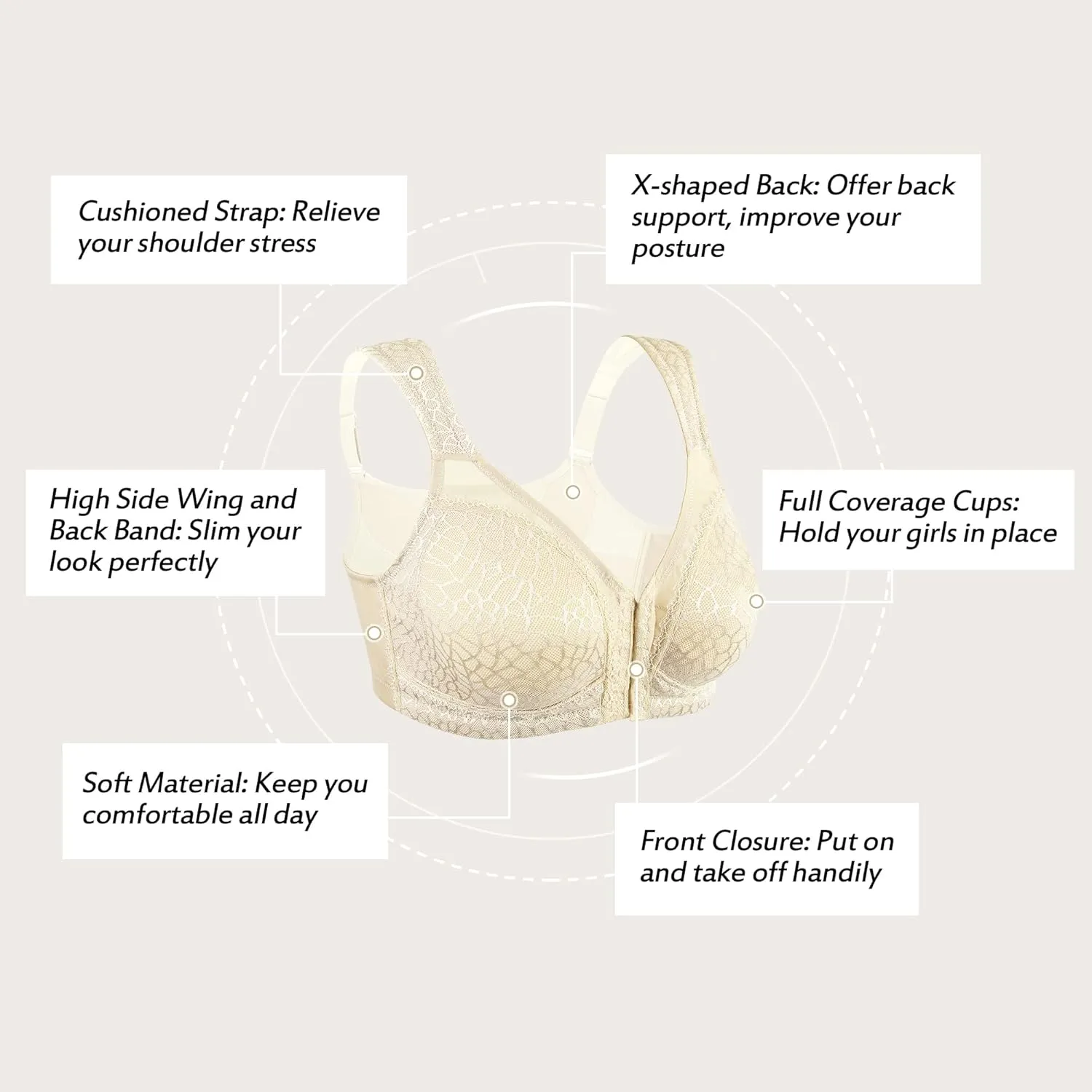 HACI Front Closure Posture Bra Back Support Unpadded Wireless Support Everyday