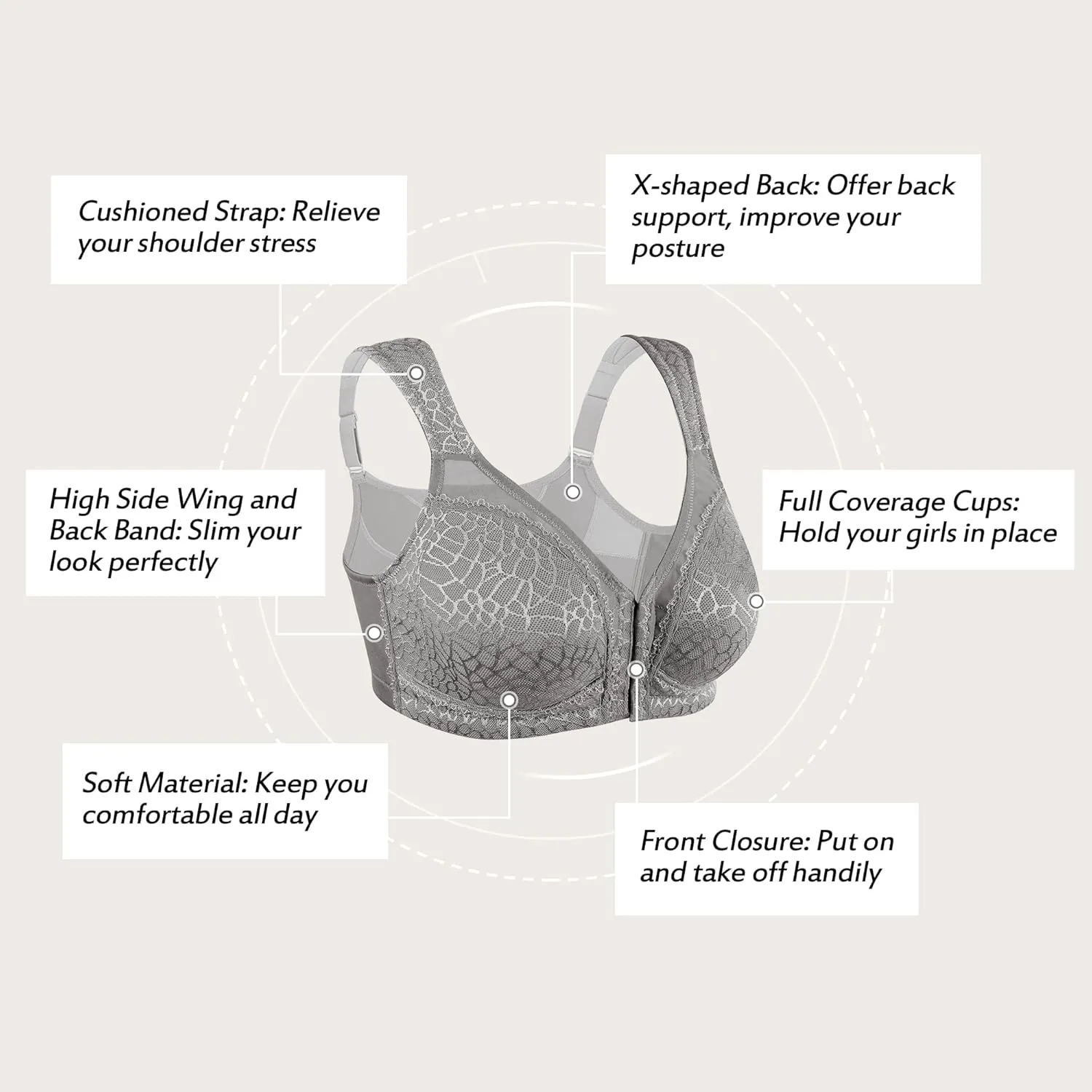 HACI Front Closure Posture Bra Back Support Unpadded Wireless Support Everyday