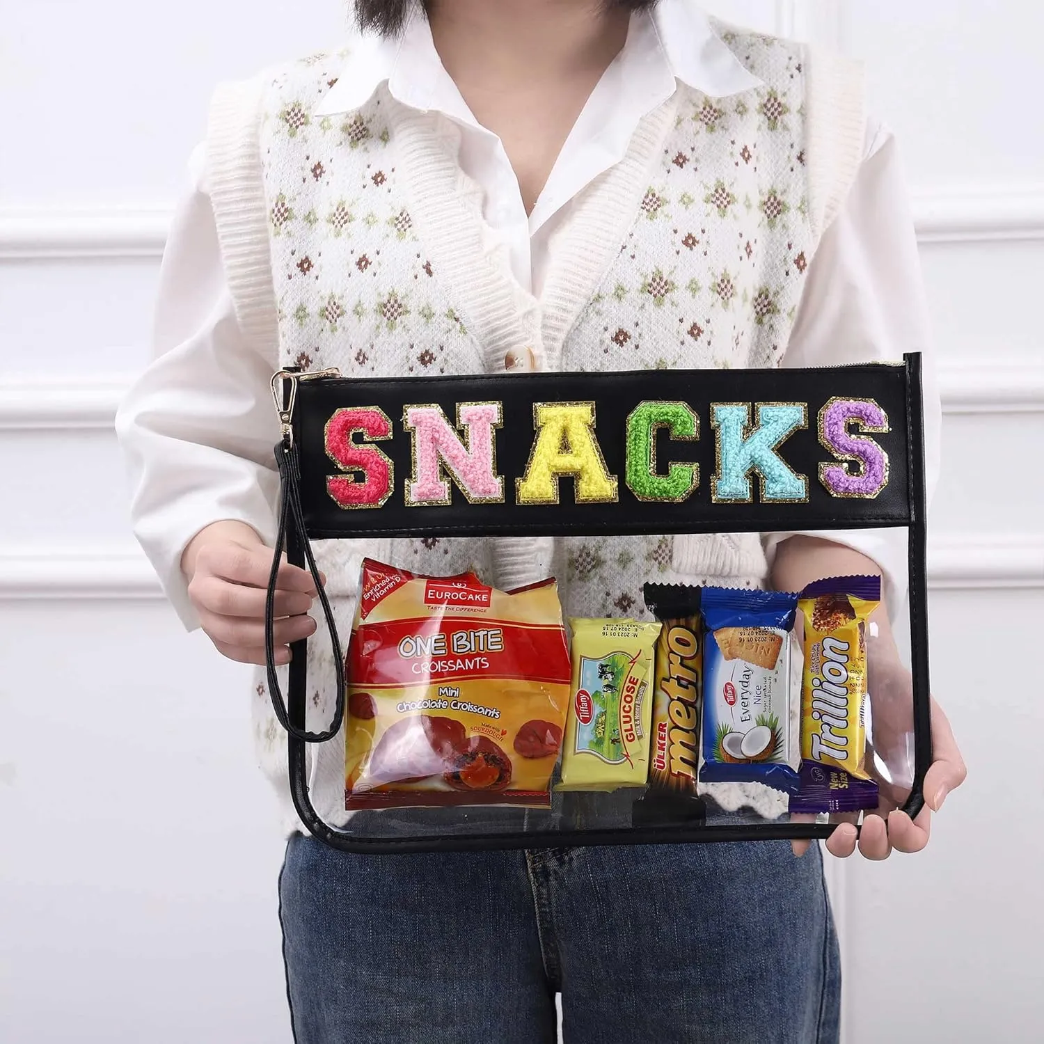 HAIBOLAN Monogram Clear Stadium Purse Bag Chenille Letter Travel Patch Pouch Snack Makeup Wristlet