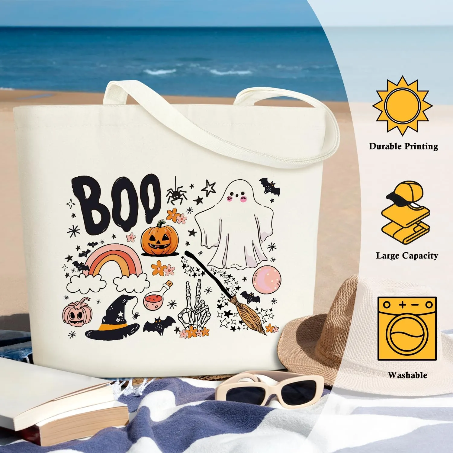 Halloween Shoulder Bag, Aesthetic Canvas Tote Bag for Women, Reusable Grocery Shopping Bag Gifts for Halloween