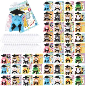 Hanaive 48 Set Graduation Mini Stuffed Animal Bulk 3” Small Plush Animal Toy with Grad Gift Card and White Organza Bag Grad Cap Stuffed Animal Gift for Classroom Reward Graduation Party Favors