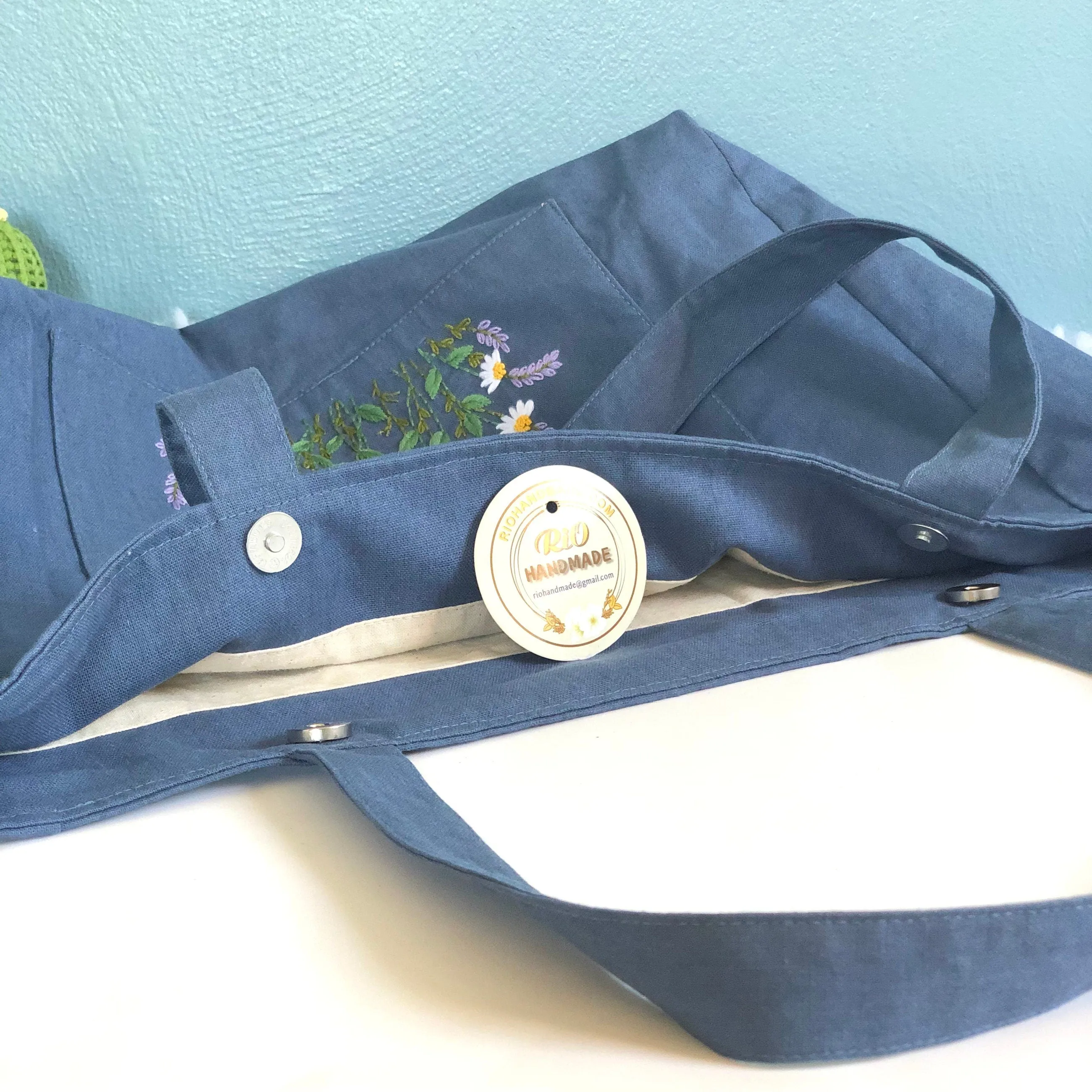 Handmade Embroidery Floral Linen Tote Bag Flowers
