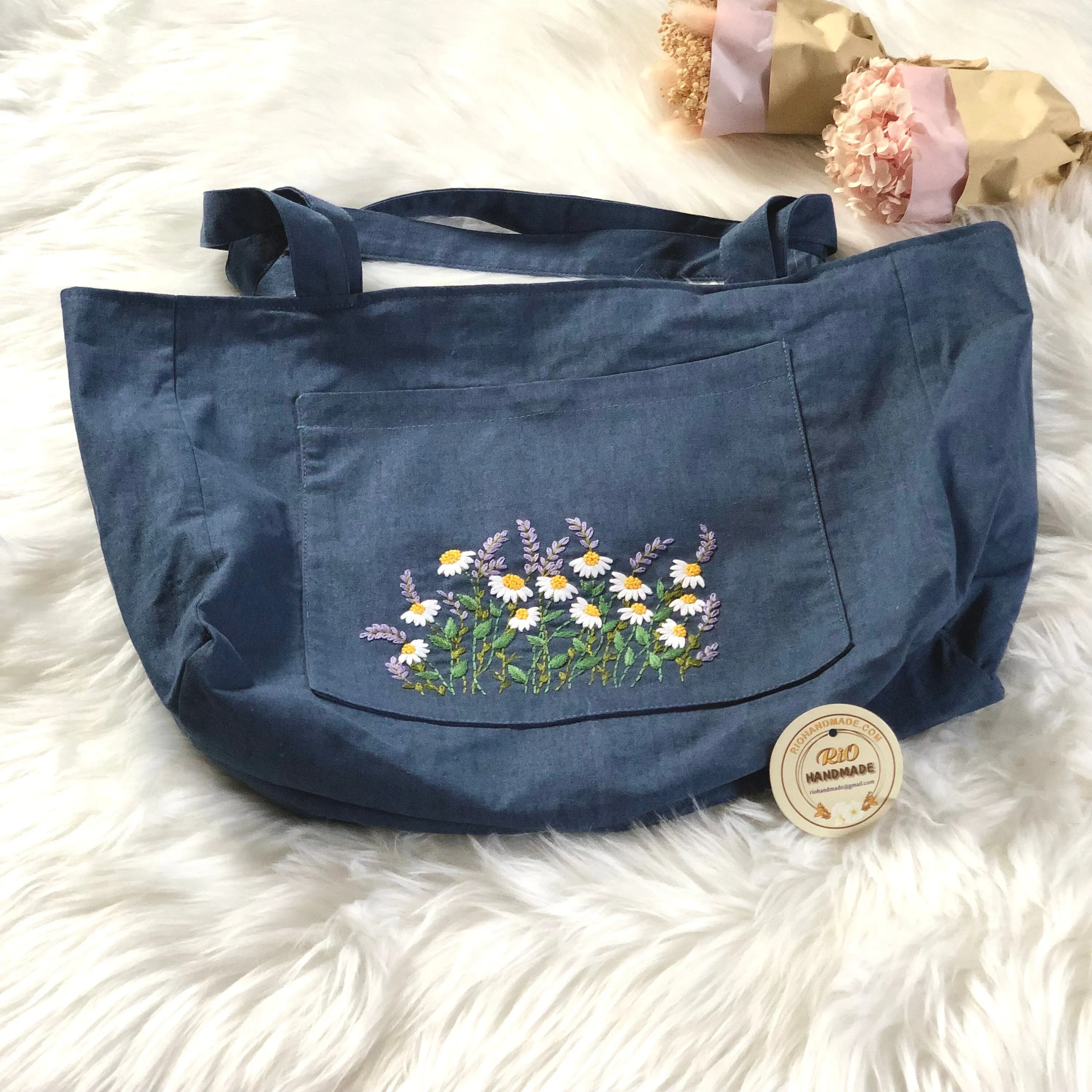 Handmade Embroidery Floral Linen Tote Bag Flowers