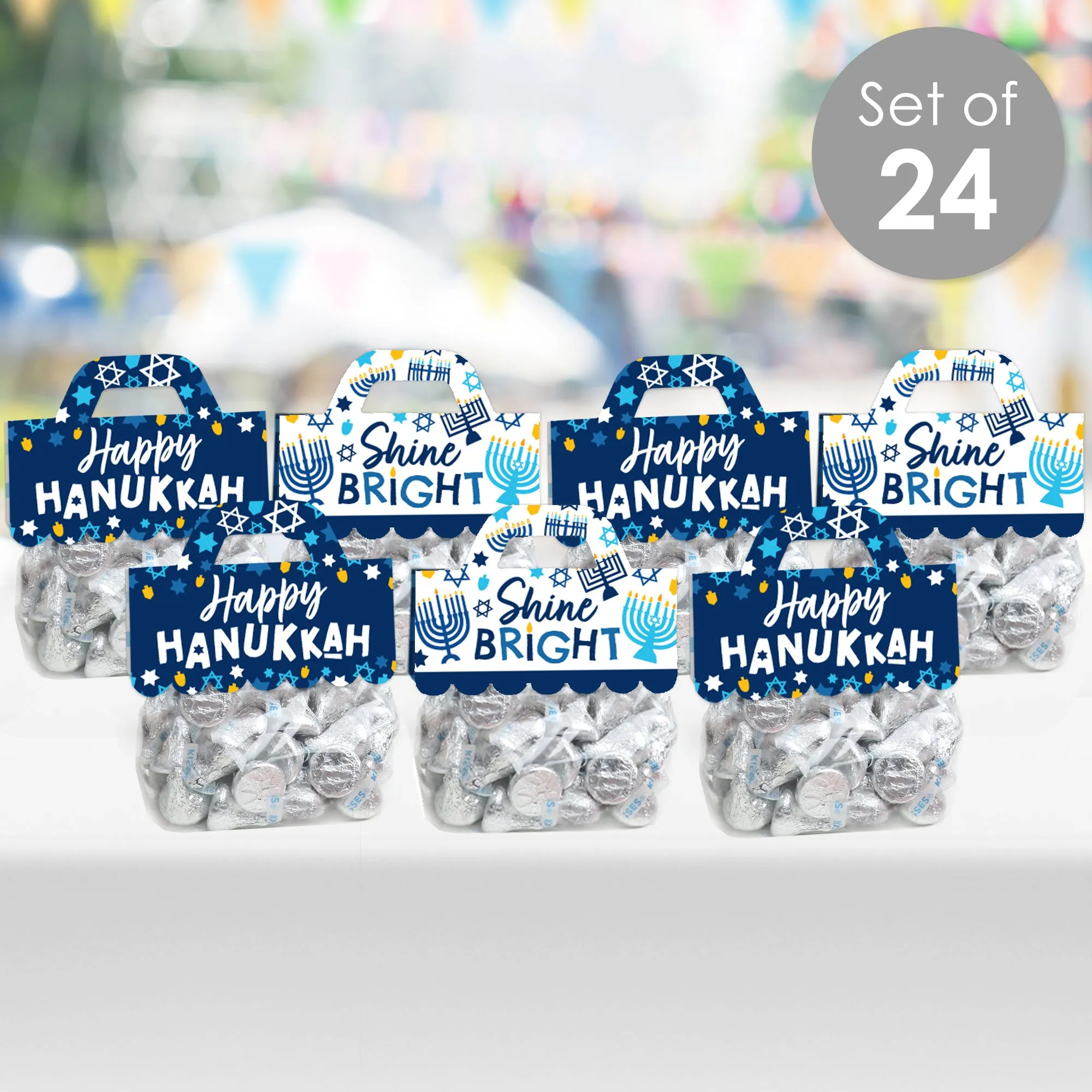 Hanukkah Menorah - DIY Chanukah Holiday Party Clear Goodie Favor Bag Labels - Candy Bags with Toppers - Set of 24